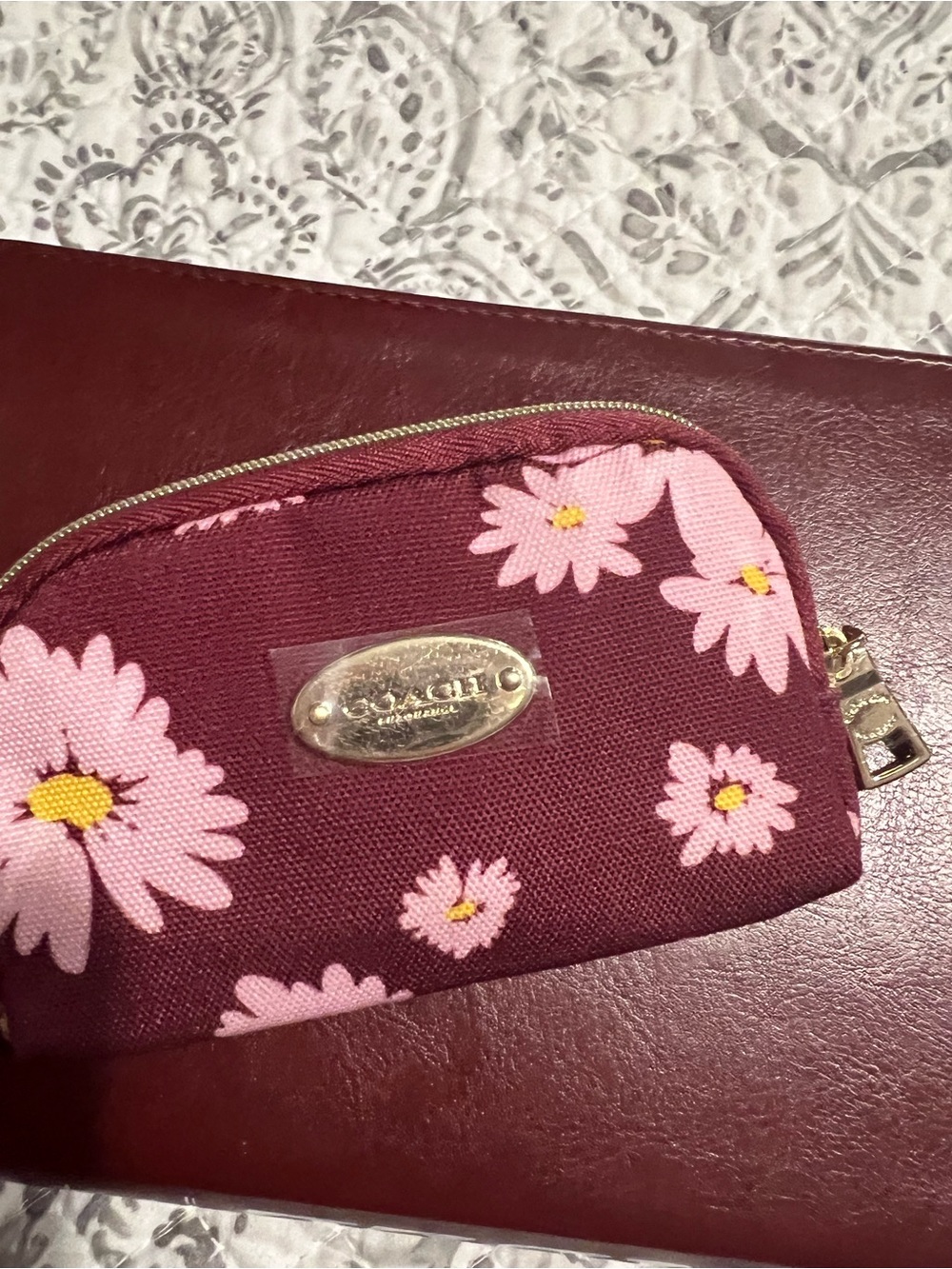 Coach Maroon Floral Coin Pouch with Pink Daisies - Picture 2 of 5